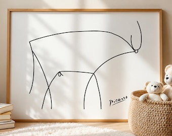 Picasso Bull Line Art Nursery Print - Minimalist Animal Drawing Poster