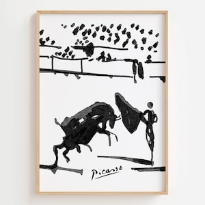 Pablo Picasso Bull Fight Print, Picasso Ink Drawing, Vintage Picasso Wall Art, Famous Art Poster, Museum Gallery Wall Decor, Cubism Artwork