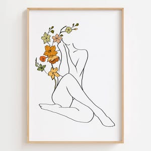 Dibujo lineal de mujer desnuda con flores, boceto de figura femenina, dibujo moderno de mujer desnuda, impresión de contorno corporal, arte lineal minimalista en blanco y negro imprimible