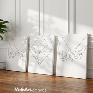 May include: Three rectangular white canvases featuring black line art illustrations of hands. The left canvas shows hands holding fingers, the center canvas shows hands forming a heart shape, and the right canvas shows hands holding fingers. Text reads MetisArt.canvas.