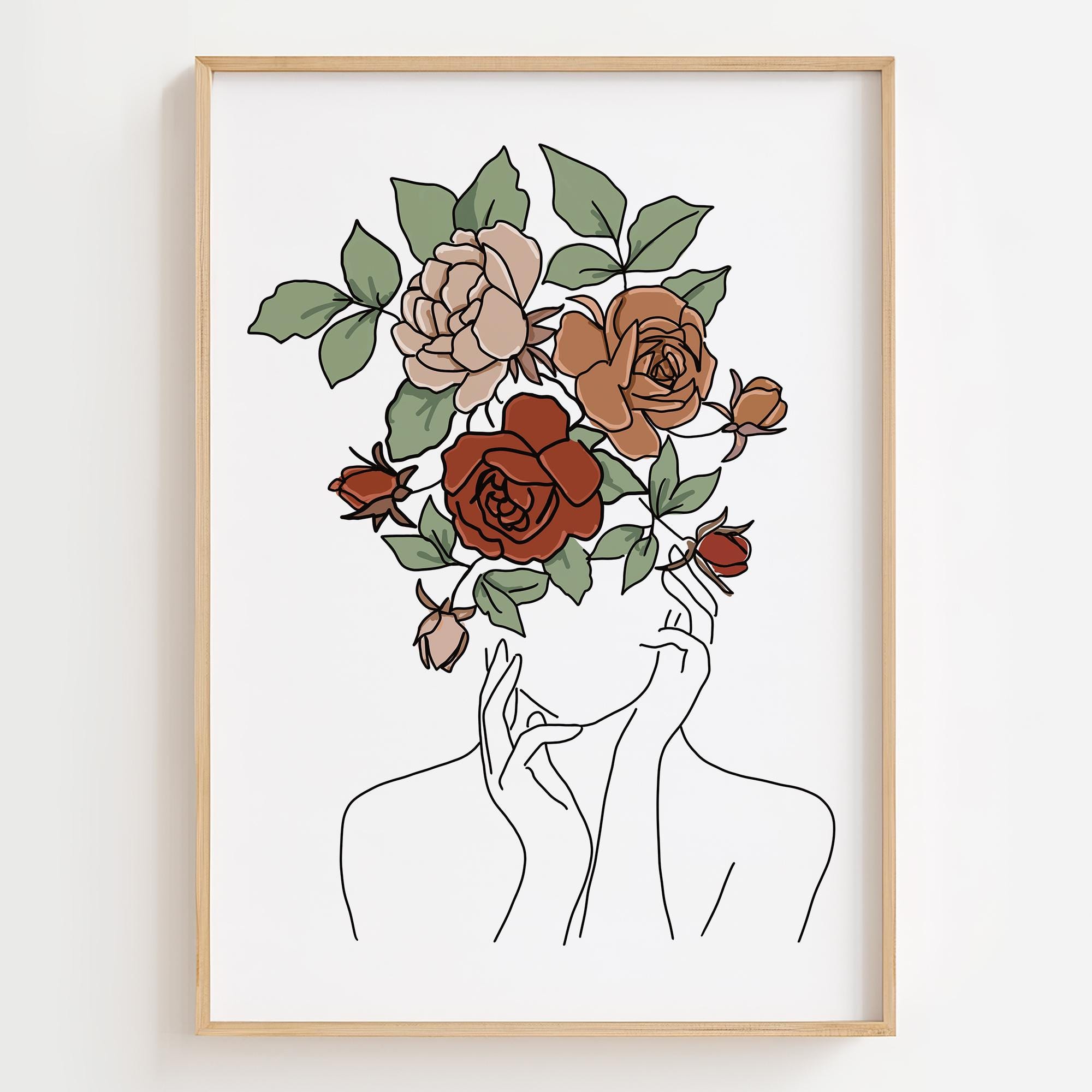 Floral Woman Line Art Print - Minimalist Female Face Poster for Bedroom ...