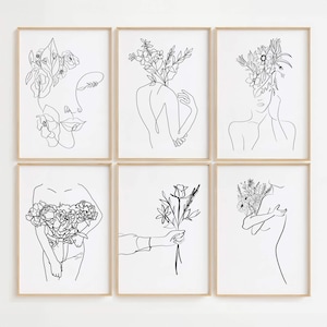 Conjunto de pósteres de arte lineal de mujer, conjunto de 6 impresiones, conjunto de dibujos de líneas femeninas, conjunto de arte de línea de galería para pared, ilustración de línea femenina, arte de línea minimalista
