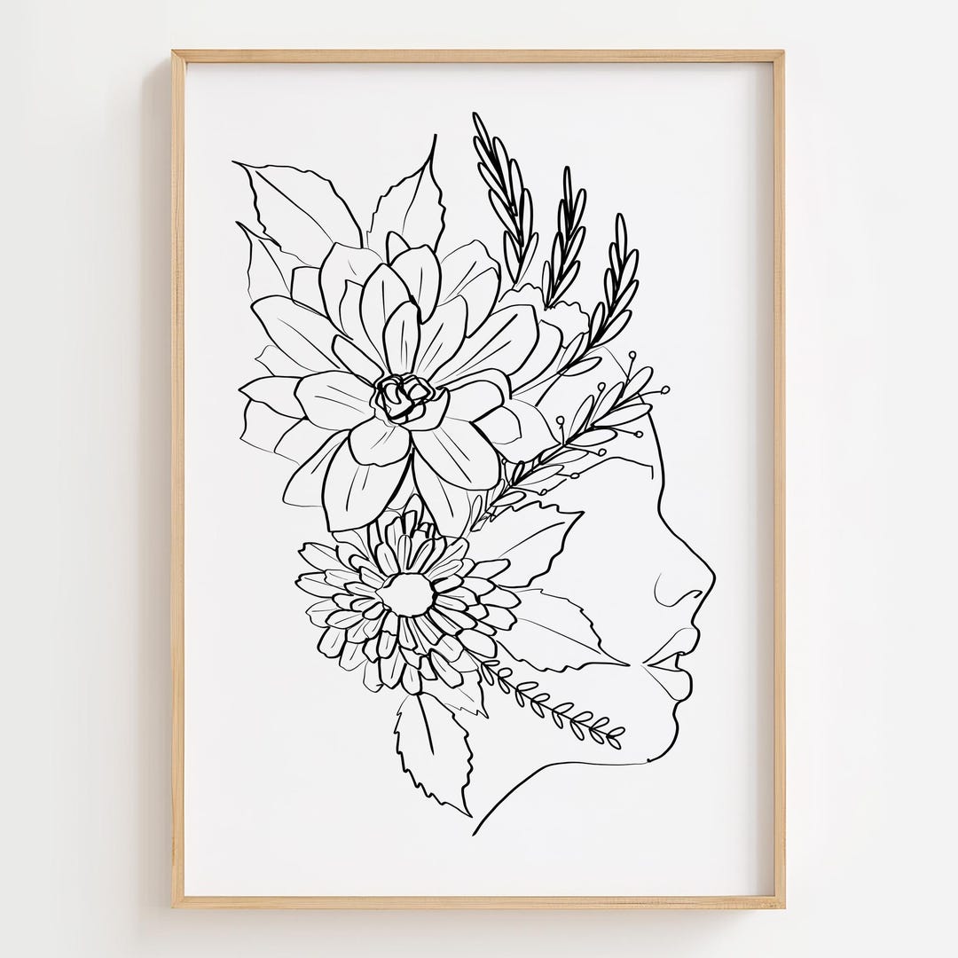 Woman Face With Flowers Line Drawing Art Set, Flower Head Line Drawing ...