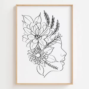 Visage de femme avec des fleurs dessin au trait ensemble d'art, impression de dessin au trait capitule, tête de fleur d'art, affiche femme féminine, Art minimaliste