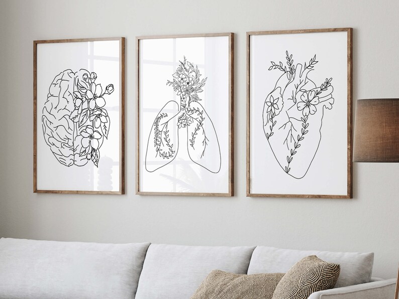 Black and White Floral Anatomy Print Set - Brain Lungs Heart Medical ...
