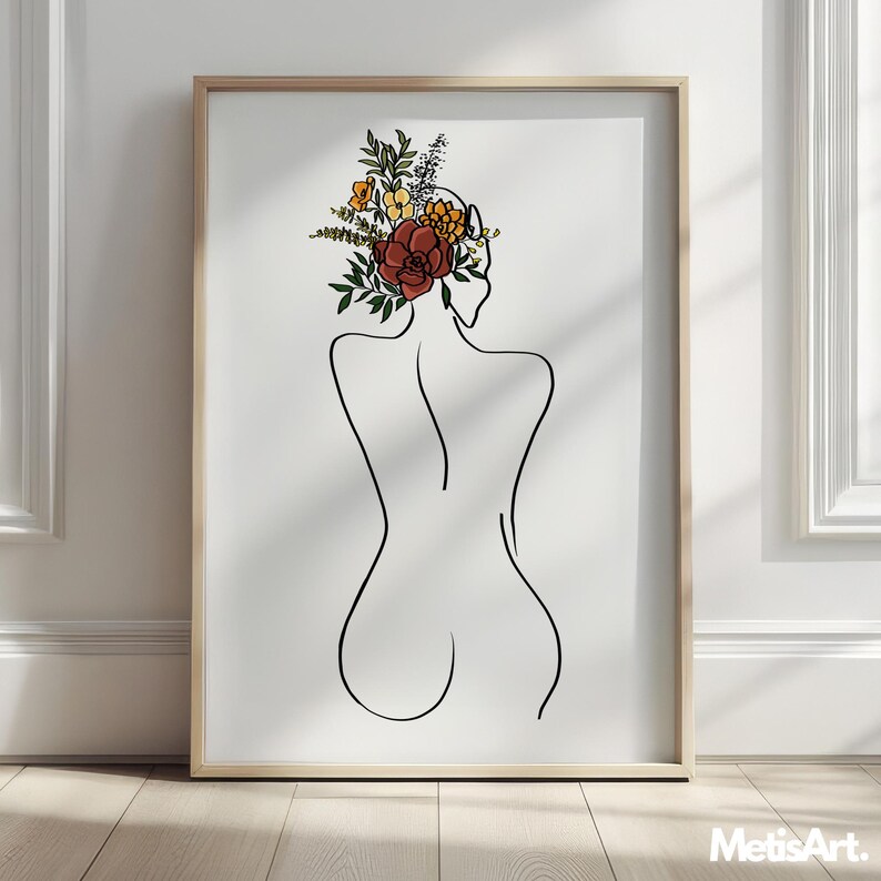 May include: A framed wall art print featuring a black line drawing of a human back silhouette. The figure has a cluster of colorful flowers in shades of red, orange, and yellow with green leaves resting where the head would be. The text MetisArt is visible.
