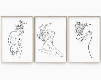 Flower Naked Woman Line Art Set, Abstract Woman Body Line Drawing , Feminist Wall Art Set, Feminine Woman Poster Set, Minimal Empower Print