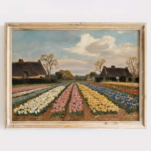 Tulpen Feld Kunstdruck - Blumen Landschaft Malerei - Frühling Kunstwerk - Bauernhaus Wand Dekoration - Cottagecore Vintage Poster - Bunte Kunst für Zuhause