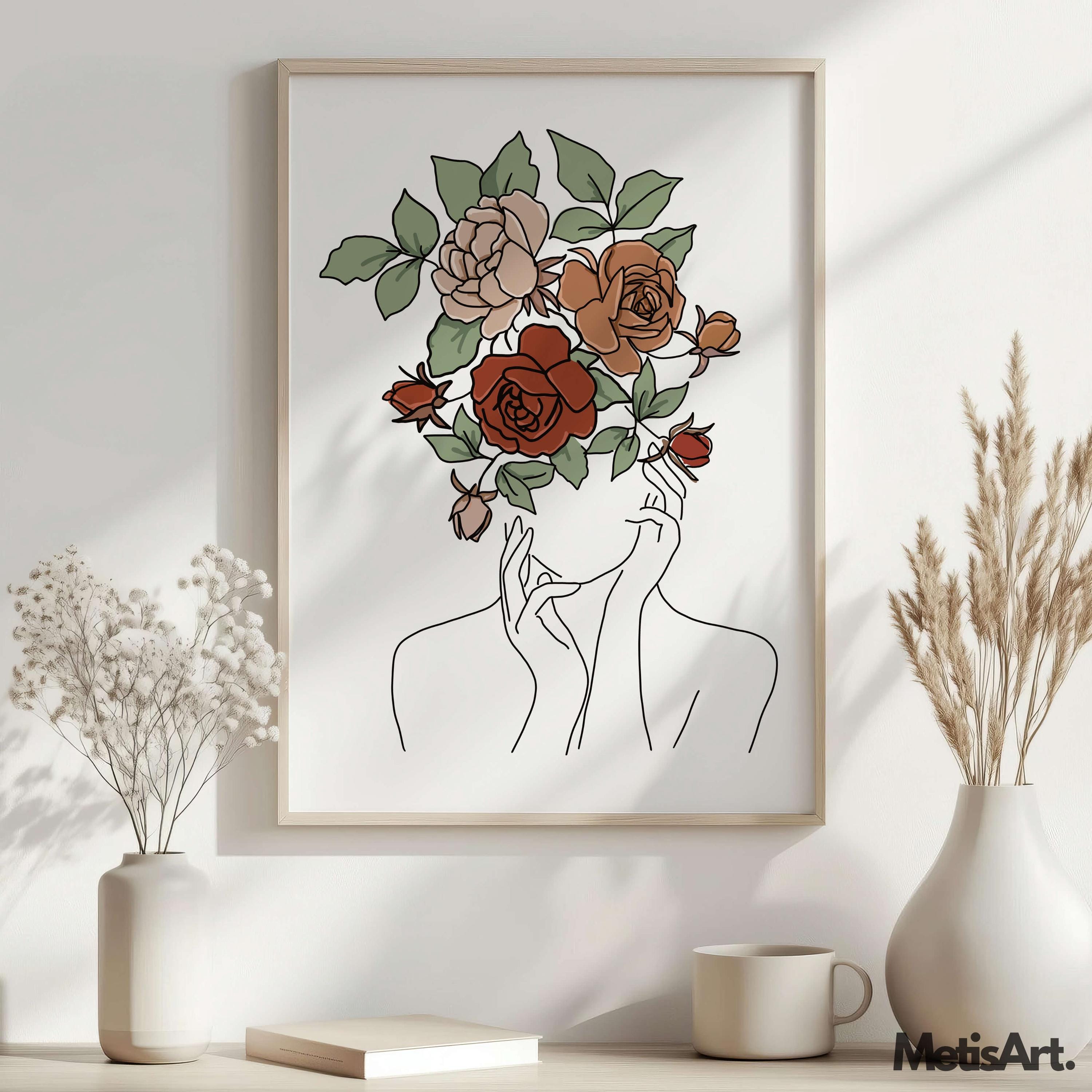 Woman With Flowers Line Art Print: Minimalist Bedroom Wall Decor ...
