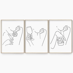 Minimalist Alcohol Line Art Print Set, Bar Gallery Wall Art, Black and White, Alcohol Drink Poster, Cheers Print, Whiskey Poster, Wine Print