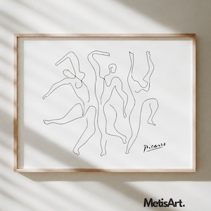 May include: A framed wall art print featuring a black line drawing of three dancing figures on a white background. The artwork includes the signature Picasso in the bottom right corner and is enclosed in a light-coloured wooden frame.