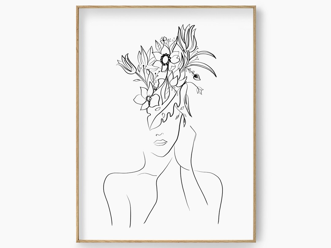 Abstract Woman Line Art, Head of Flowers Art Print, Floral Woman Wall ...