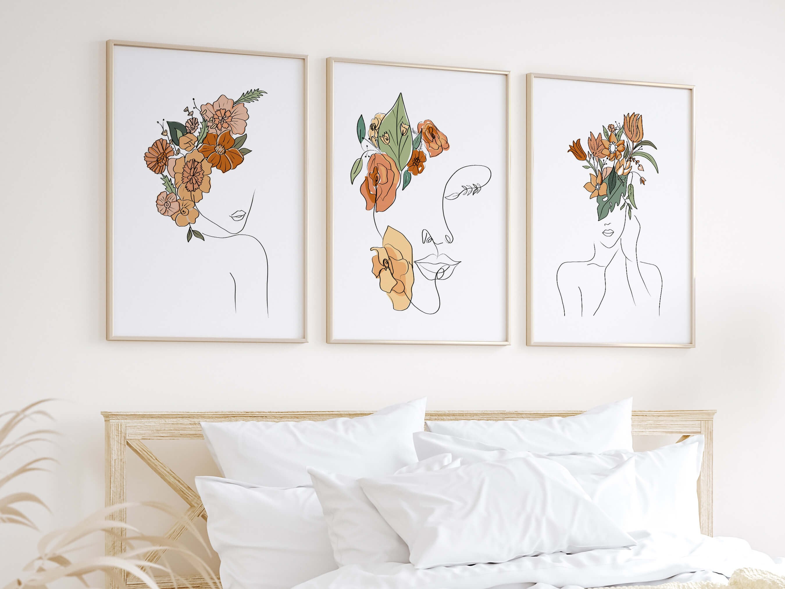 Boho Woman Line Art Print Set: Floral Female Portrait, Set of 3 - Etsy