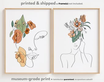 Flower Woman Line Art Prints: Minimalist Bedroom Wall Decor (Set of 2)