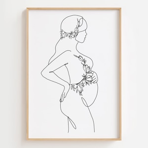 Arte de pared con flores para mamá embarazada, regalo para el embarazo, regalo para futura mamá, arte lineal para la maternidad, arte lineal para mamá, póster de embarazo, blanco y negro