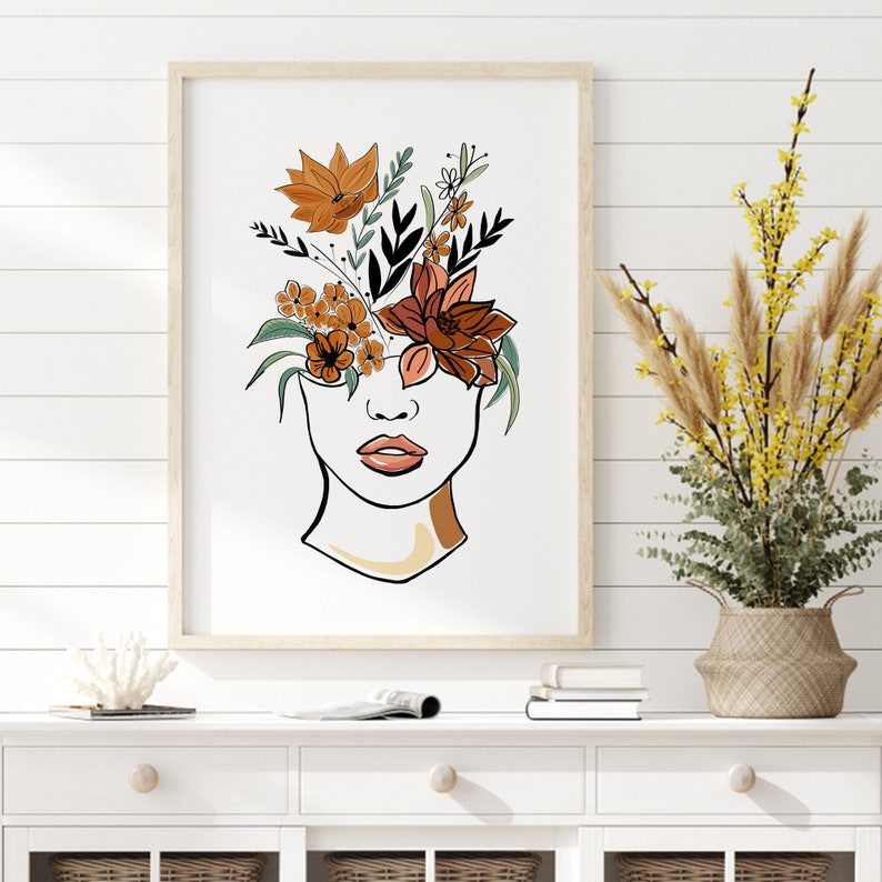 Woman Faces with Flowers Line Art Female Face Line Art Print | Etsy