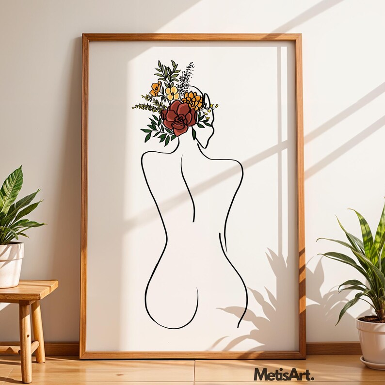 Floral Head Woman Back Line Art - Minimalist Female Figure Botanical Wall Decor image 9