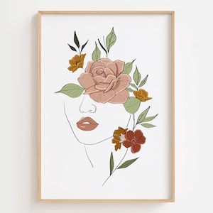 Boho Woman Line Art Print: Blush Pink Floral Face (Digital Download)