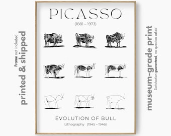 Picasso Bull Sketch, Evolution of Bull Drawing, Nursery Room Decor, Famous Picasso Print, Modern Cubism Poster, Animal Art Sketch, Fine Art