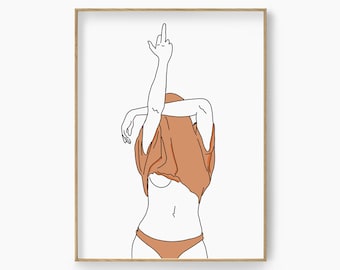 Woman Middle Finger Line Art, Female Body Line Art Print, Fashion Woman Wall Art, Feminine Line Art Print, Feminist Poster, Minimal Line Art
