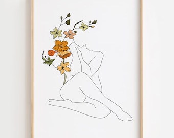 Body Positive Flower Woman Line Art Print: Feminist Decor