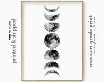 Moon Phases Art Print, Black and White Moon Poster, Lunar Phase Celestial Wall Art, Moon Chart Poster, Minimalist Moon Art, Bedroom Poster