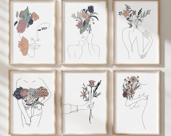 Lámina floral para mujer - Set de 6 láminas botánicas lineales - Póster digital para galería