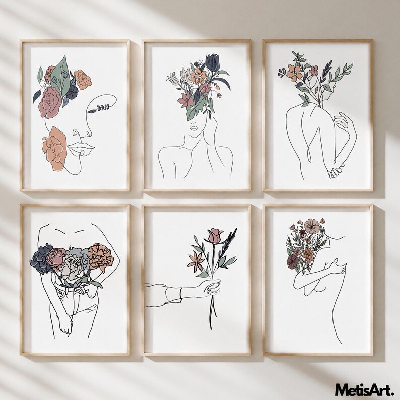Floral Woman Print - Set of 6 Botanical Line Art - Digital Gallery ...