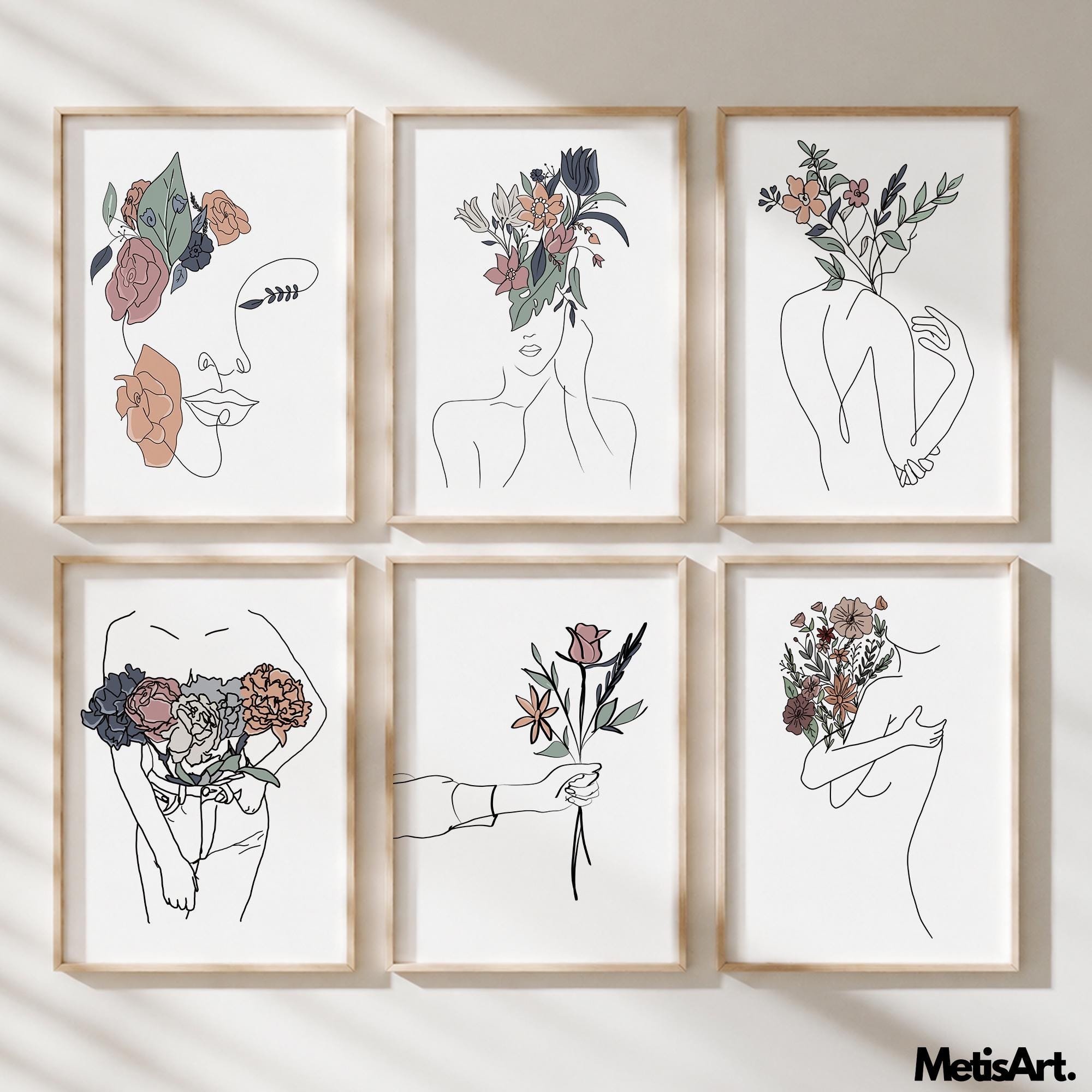 Floral Woman Print - Set of 6 Botanical Line Art - Digital Gallery ...