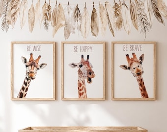Giraffe Nursery Print Set - Playful Safari Animals Poster - Kids Room Wall Decor