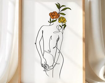 Floral Woman Back Line Art Print for Feminine Bedroom and Office Decor