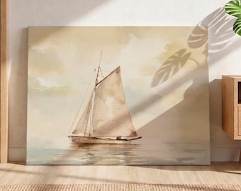 May include: A rectangular canvas print featuring a watercolor painting of a sailboat on calm water. The artwork uses a monochromatic beige and cream color palette, depicting the boat with a single mast and sail, with the text MetisArt.canvas at the bottom.
