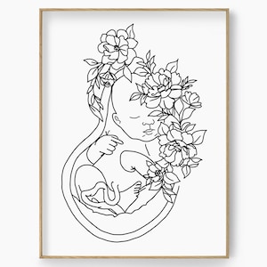 Black White Floral Fetus in Womb Art, Midwife Graduation Gift, OBGYN Nurse Gift, Gynecology Print, Pregnant Woman Gift, Pregnancy Doula Gift