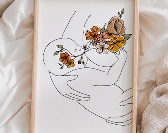 Floral Breastfeeding Wall Art for Midwife, Doula Office and Nursery Decor