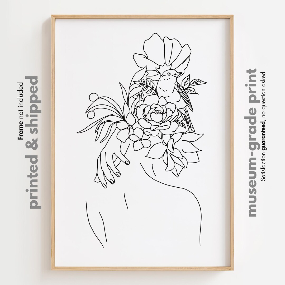 Head of Flower Line Art Print, Modern Woman Wall Art, Woman With Flower ...