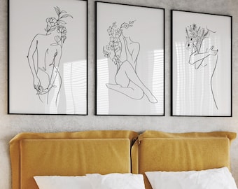 Floral Woman Boho Line Art Print Set - Minimalist Feminine Wall Decor