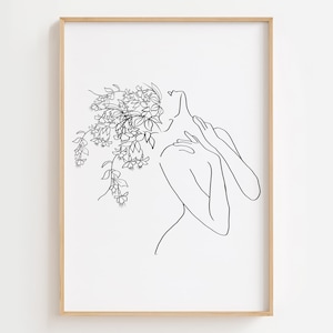 Tête de fleur, dessin au trait femme avec fleur, impression d'art couronne de fleurs, dessin au trait femme fleur, art mural femme avec fleur, dessin au trait femme