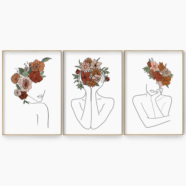Flower Head Woman Line Art, Slaapkamer Wall Art Decor, Moderne Minimalistische Vrouwelijke Lijntekening, Flower Head Woman Art, Poster Sketch Set van 3