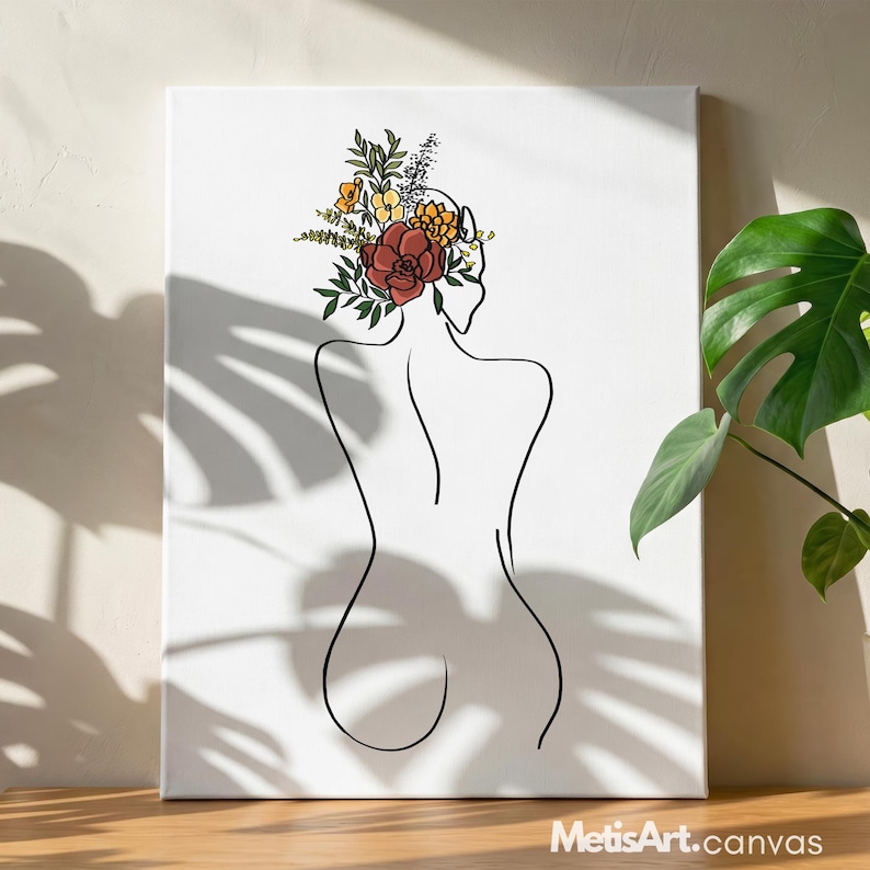 May include: A rectangular canvas print featuring a black line art drawing of a person's back. The figure has a cluster of colorful flowers and greenery in shades of red, orange, yellow, and green resting on their head. The text MetisArt.canvas is visible.