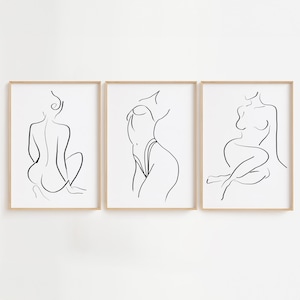 Può includere: Tre disegni in bianco e nero di figure in varie pose. Le figure sono tutte nude e sono disegnate in uno stile minimalista.