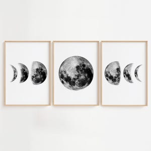 Moon Phases Wall Art Set of 3, Celestial Poster Printables, Black and White Moon Decor, Boho Lunar Wall Art, Astronomy Print for Home