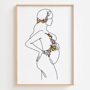 Kwiatowy nadruk na ciele kobiety w ciąży, kwiatowa sztuka ścienna ciążowa, linia sztuki macierzyństwa, plakat dla przyszłej mamy, ogłoszenie o narodzinach dziecka, prezent artystyczny dla położnej