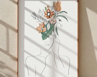 Floral Head Woman Line Art - Minimalist Botanical Silhouette Poster