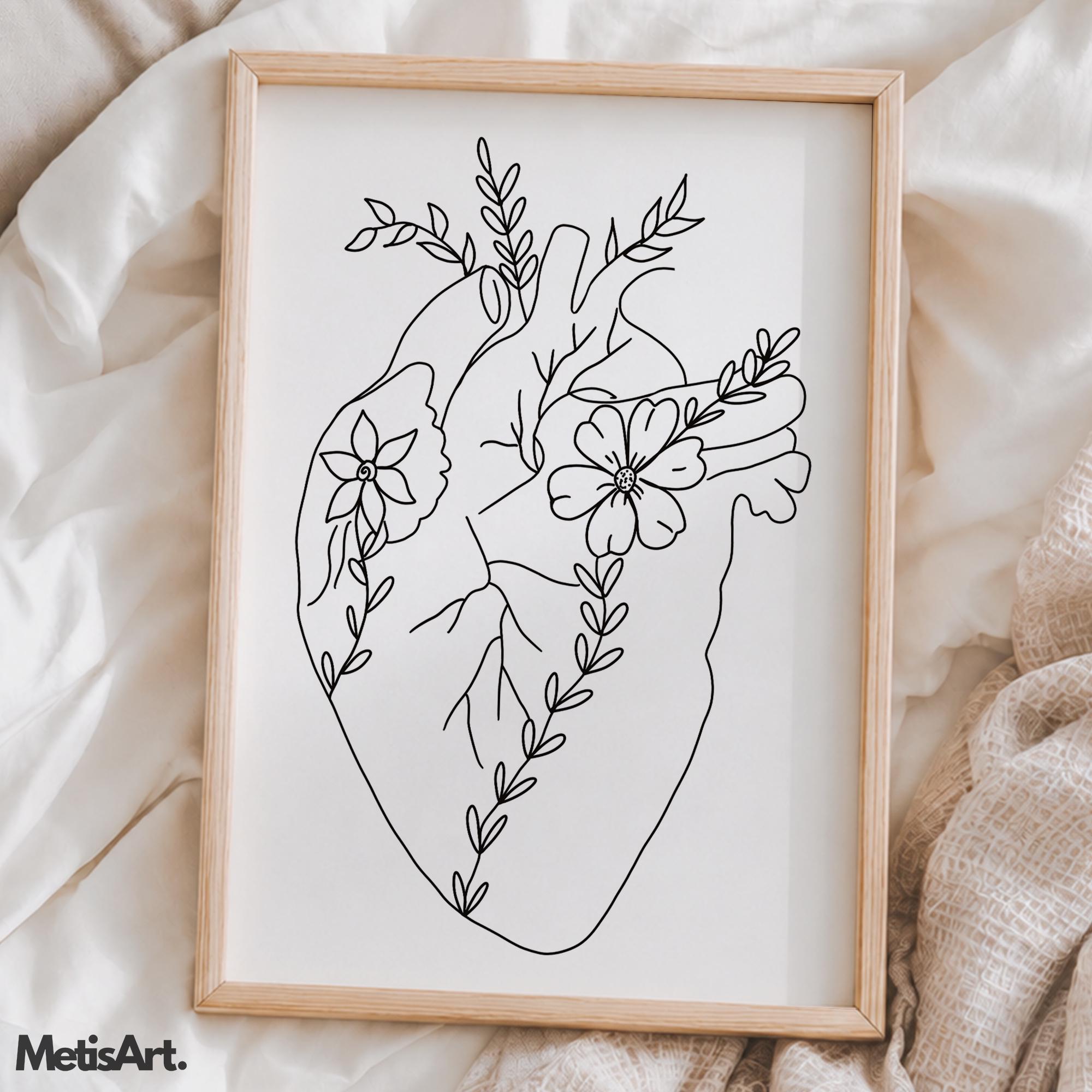 Floral Heart Anatomy Line Art Print: Minimalist Black and White ...
