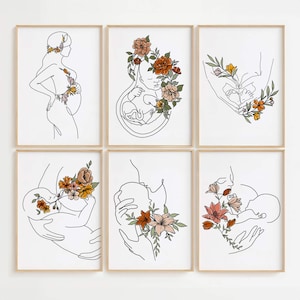 Paquete de impresiones florales para la maternidad, arte de pared para galería de embarazo, regalo para embarazadas, juego de carteles de doula, decoración de pared para centro de maternidad, impresión de madre y bebé