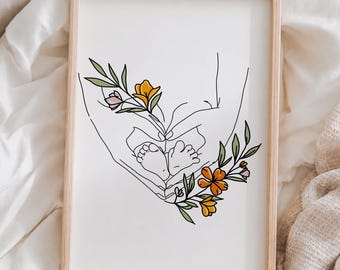 Floral Mom and Baby Feet Art Print - New Parent Gift