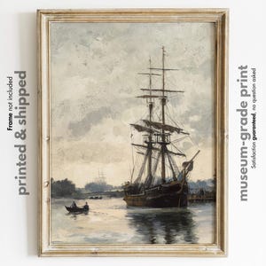 Vintage Sailing Ship Harbor Art Print – Historical Maritime Wall Decor – Nautical Seascape Painting – Coastal Boat Landscape Poster