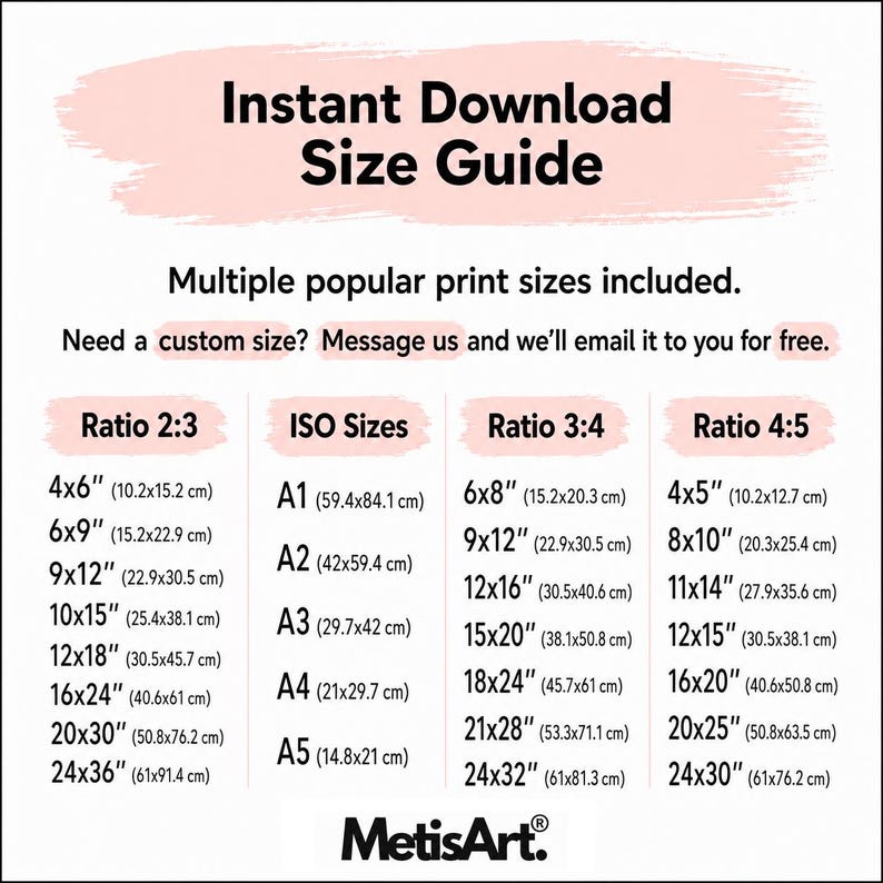 May include: An informational chart titled Instant Download Size Guide with a pink brushstroke background. It lists print dimensions in inches and centimeters for ratios 2:3, 3:4, 4:5, and ISO sizes A1 through A5. The MetisArt logo is at the bottom.