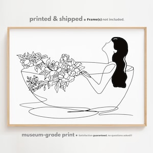 Affiche femme dans la baignoire, déco murale de salle de bain, dessin au trait femme fleur, dessin au trait continu, dessin au trait, affiche bien-être, art minimaliste