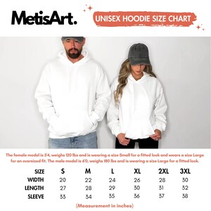 May include: White unisex hoodie with a kangaroo pocket, displayed on two models. The image includes a size chart with measurements in inches for width, length, and sleeve length, ranging from size S to 3XL. The brand name "MetisArt" is visible.